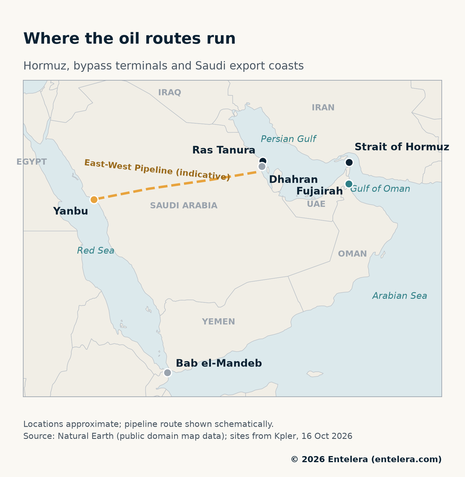 Map of the Strait of Hormuz, Fujairah, Ras Tanura, Dhahran, Yanbu and Bab el-Mandeb, with the East-West Pipeline